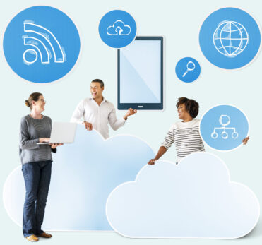 Happy people with cloud and technology icons
