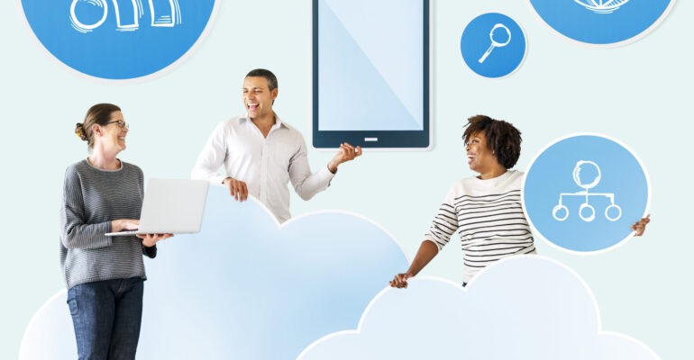 Happy people with cloud and technology icons